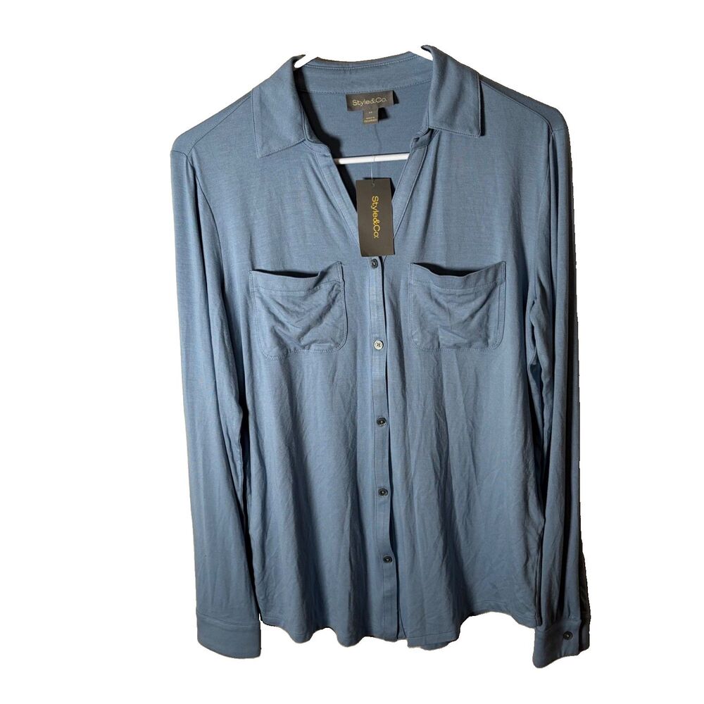 Style & Co Shirt Women's XS Blue Button Up Collared Long Sleeve Casual NWT